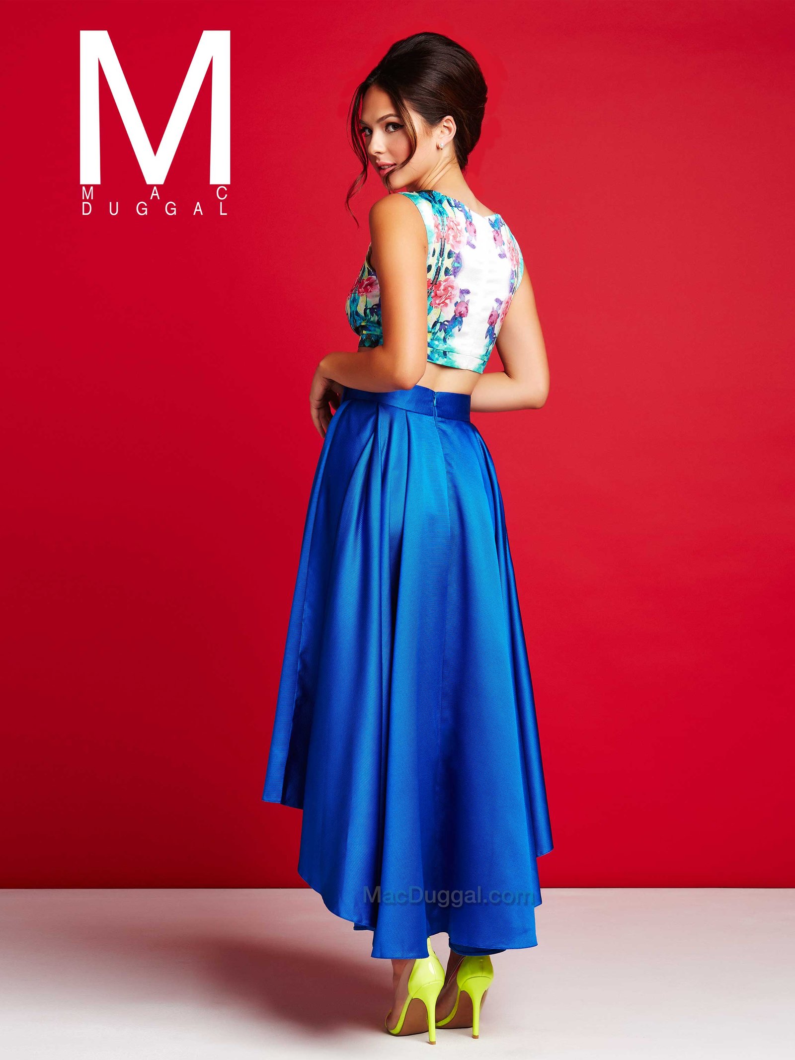 two piece floral crop top and high-low skirt